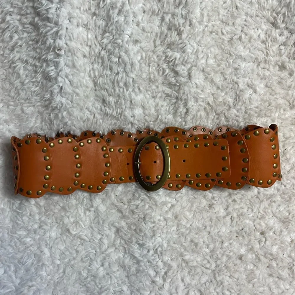 Lake shore Drive leather tan patchwork Belt with brass buckle & studs accents